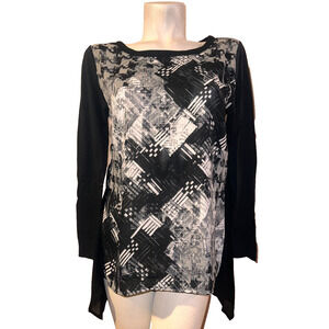 PHILOSOPHY Top Women's Size M Gray Black Print Polyester Blouse w/Knit Sleeves